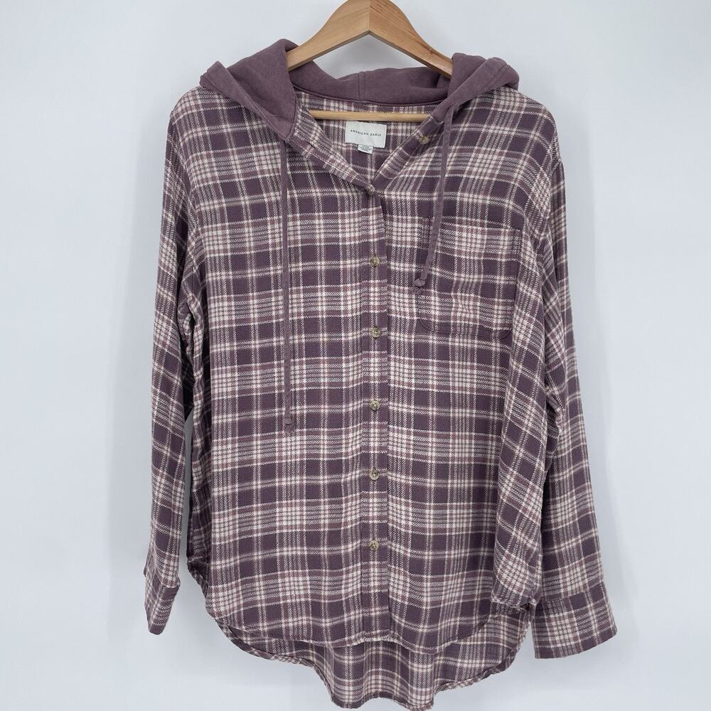 American Eagle Women's M Plaid Flannel Hoodie Button Up Shirt Western Cozy Boho - Picture 2 of 11